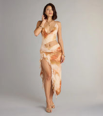 Golden Hour Glow Abstract Print Cutout Mid-length Dress