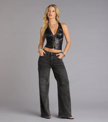 Stylish Faux Leather Lace Up Halter Top