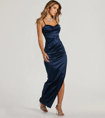 Cowl Neck High Slit Satin Column Dress