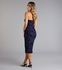 Velvet Vision Flocked Floral Strapless Midi Dress