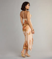 Golden Hour Glow Abstract Print Cutout Mid-length Dress