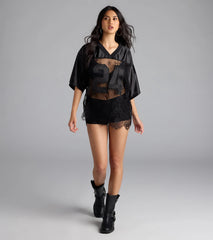 Stylish Lace V Neck Graphic Jersey Sports Top