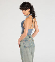 New Classic Halter Lace-Up Denim Corset Top