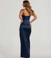 Cowl Neck High Slit Satin Column Dress