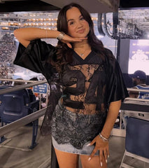 Stylish Lace V Neck Graphic Jersey Sports Top