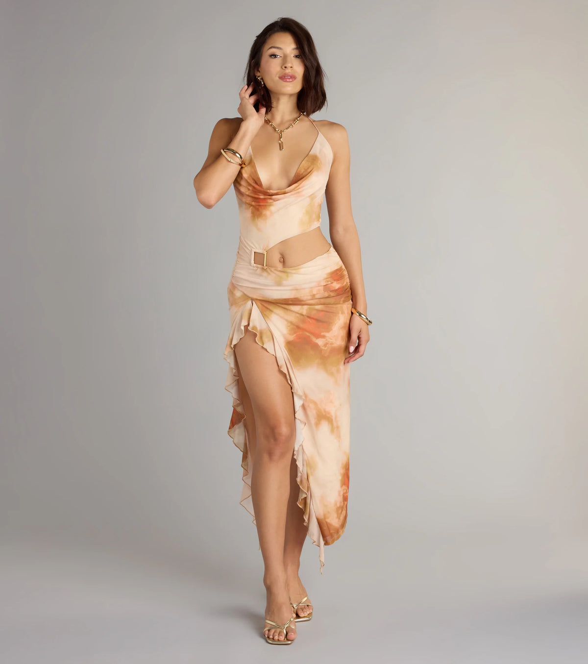 Golden Hour Glow Abstract Print Cutout Mid-length Dress