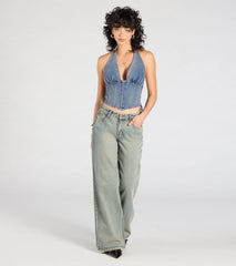 New Classic Halter Lace-Up Denim Corset Top
