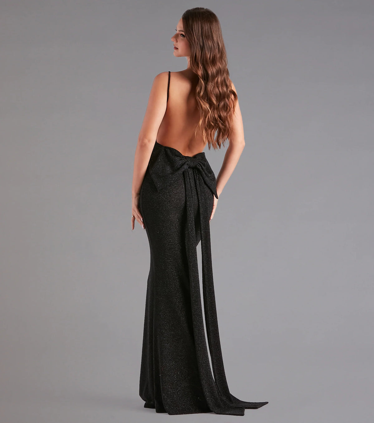 Gwendolyn Glitter Knit Bow-Back Mermaid Dress